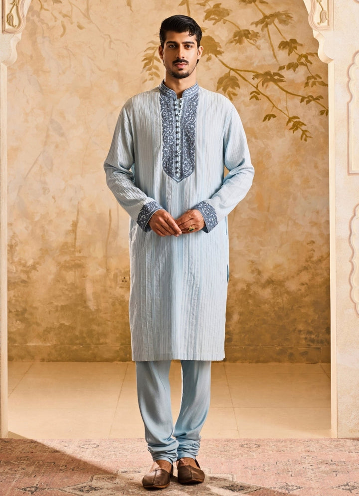 Nitika Gujral - Men Powder Blue Cotton Silk Pintucked Kurta SetFabilicious Fashion