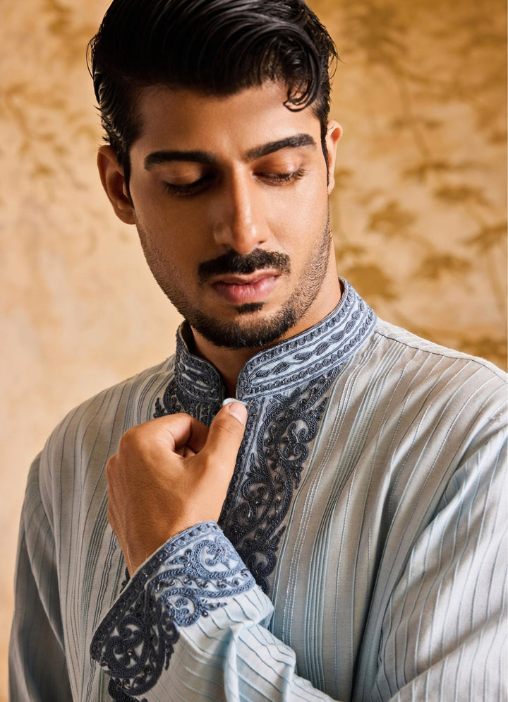 Nitika Gujral - Men Powder Blue Cotton Silk Pintucked Kurta SetFabilicious Fashion