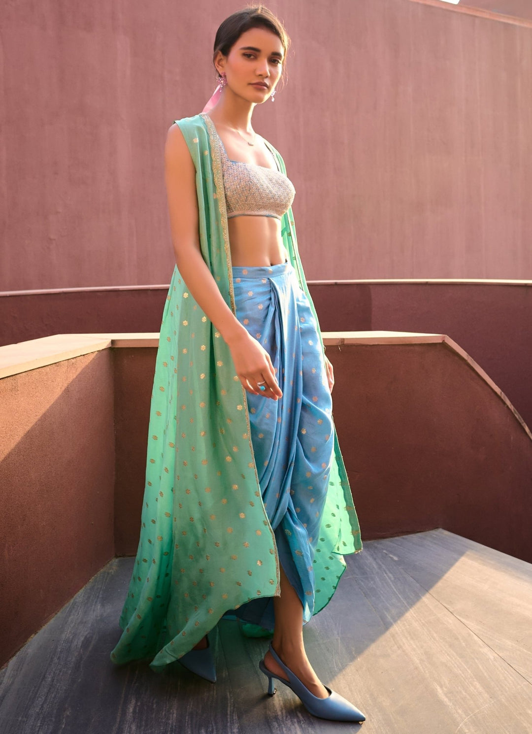 Powder Blue Draped Dhoti Skirt Set with Cape Chamee and Palak - Fabilicious Fashion