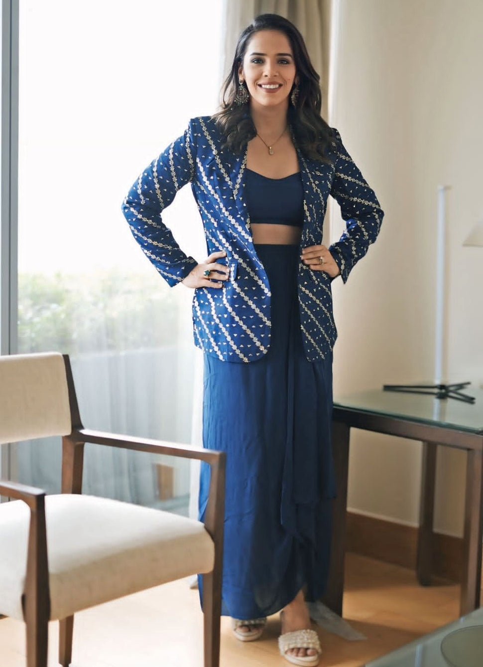 Powder Blue Draped Skirt with Blazer Chamee and Palak - Fabilicious Fashion