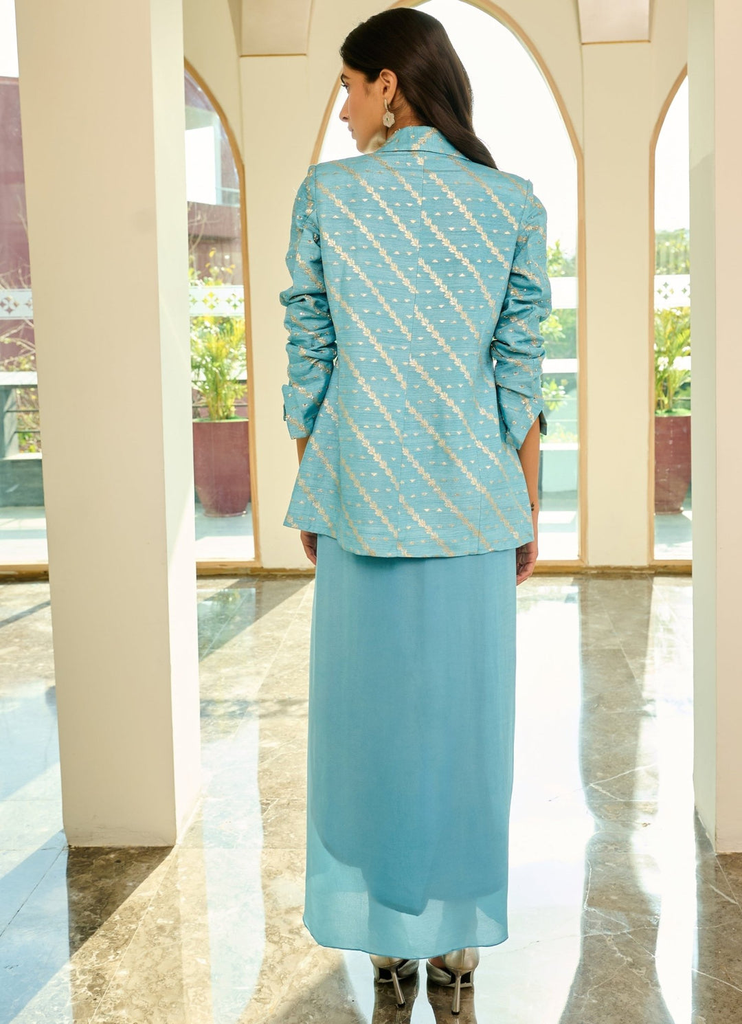 Powder Blue Draped Skirt with Blazer Chamee and Palak - Fabilicious Fashion