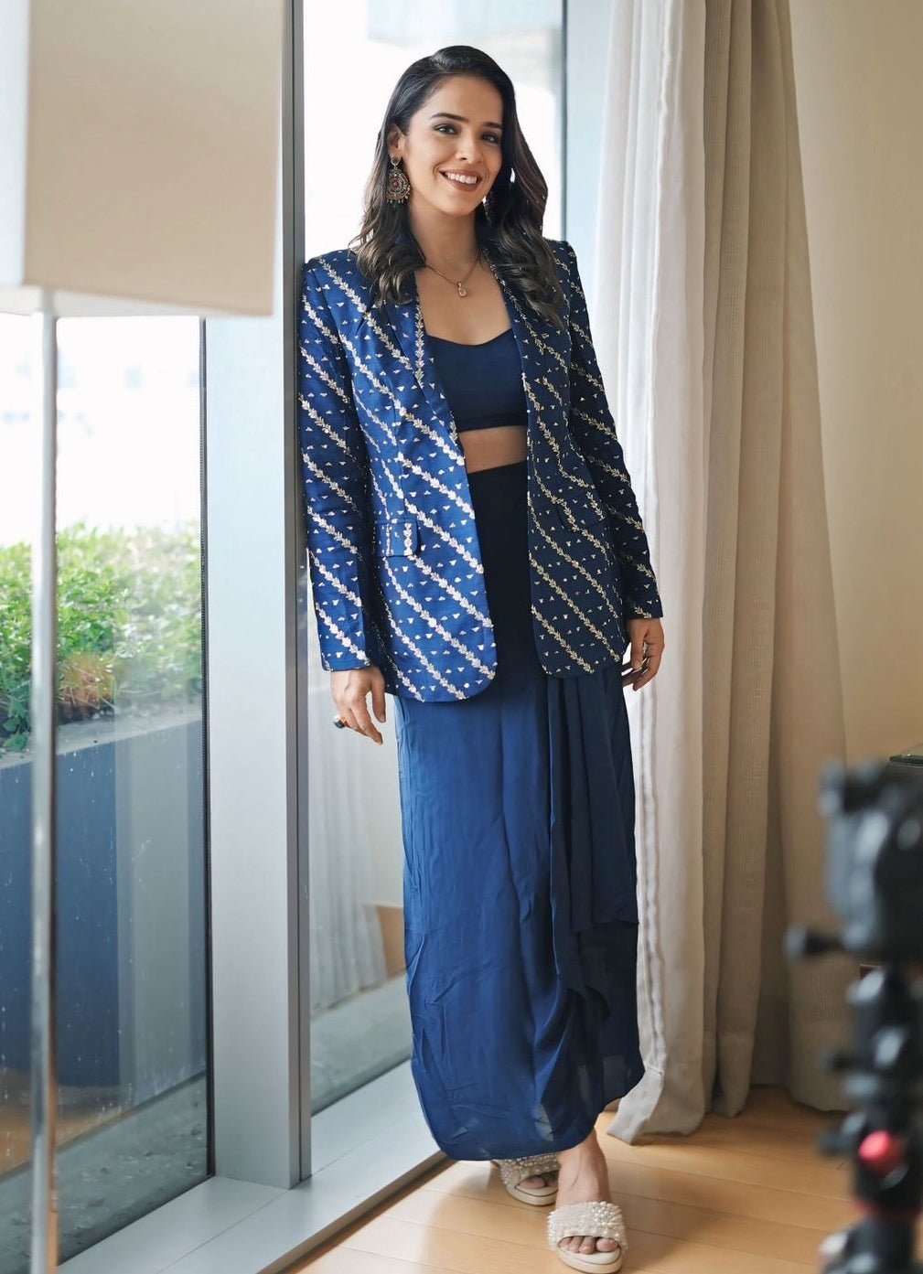 Powder Blue Draped Skirt with Blazer Chamee and Palak - Fabilicious Fashion
