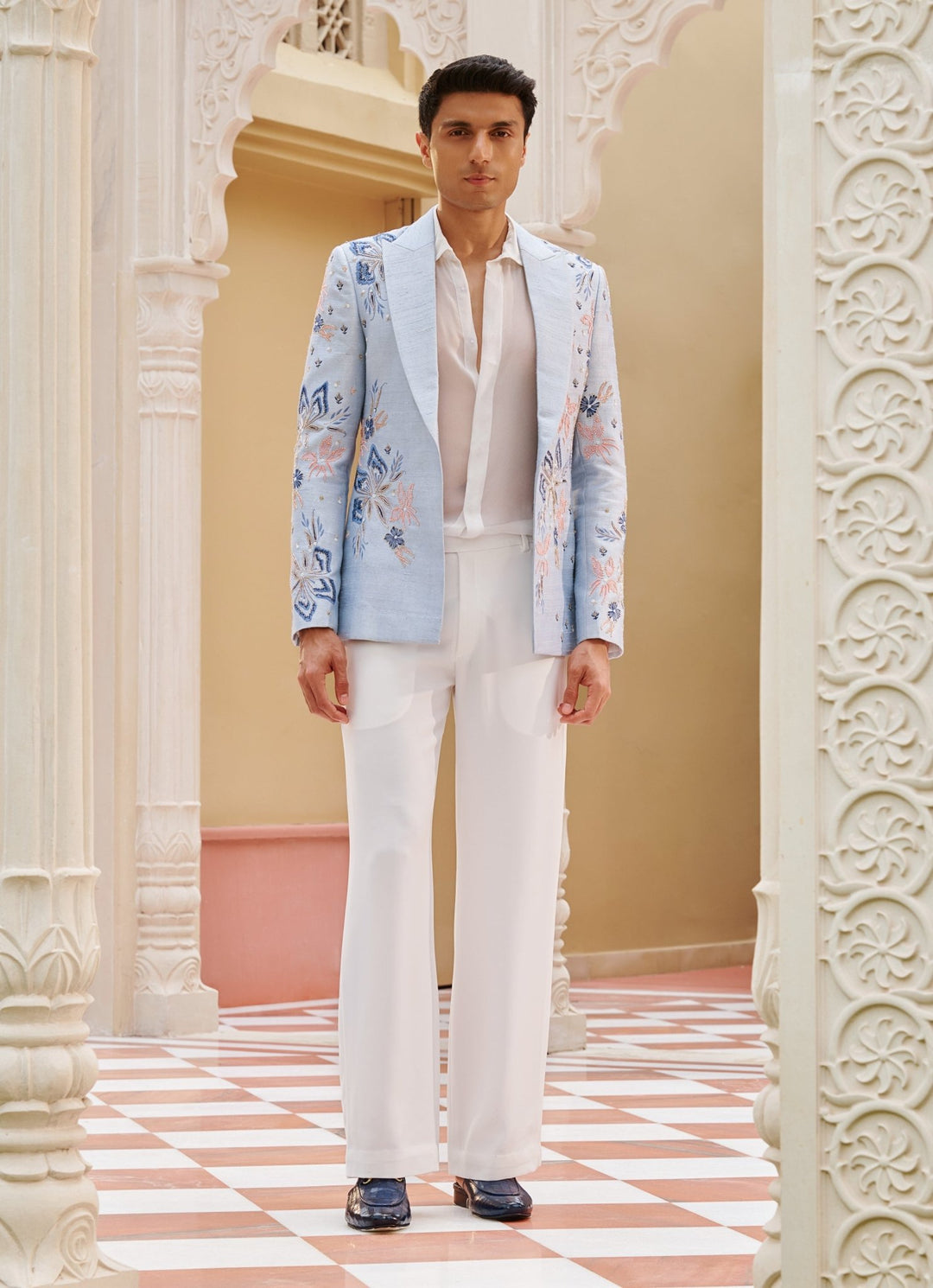 Powder Blue Embroidered Blazer Set Contrast By Parth - Fabilicious Fashion