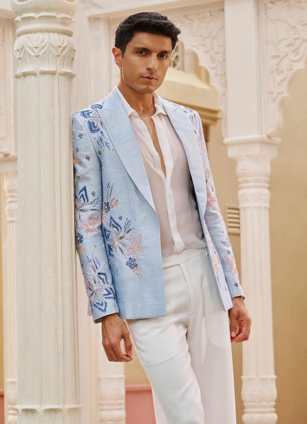 Powder Blue Embroidered Blazer Set Contrast By Parth - Fabilicious Fashion