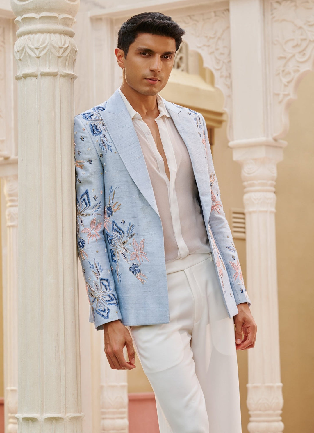 Powder Blue Embroidered Blazer Set Contrast By Parth - Fabilicious Fashion