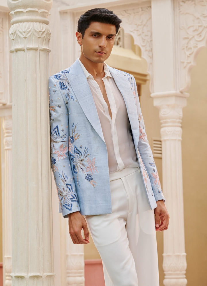 Powder Blue Embroidered Blazer Set Contrast By Parth - Fabilicious Fashion