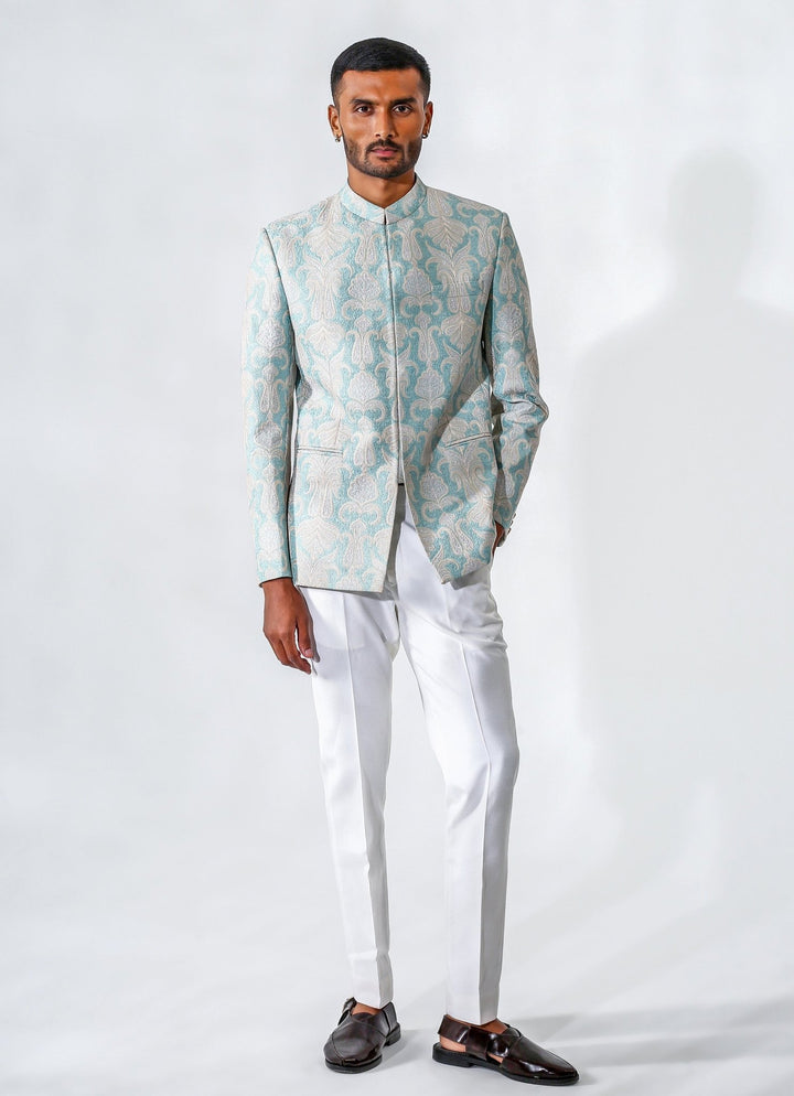 Powder Blue Embroidered Chanderi Silk Bandhgala Set Chatenya Mittal - Fabilicious Fashion