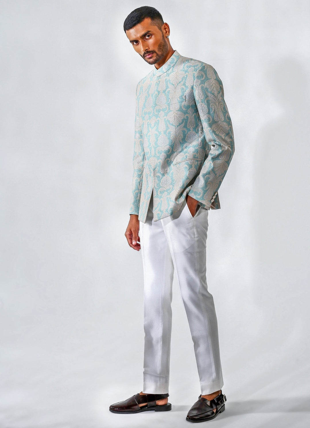 Powder Blue Embroidered Chanderi Silk Bandhgala Set Chatenya Mittal - Fabilicious Fashion