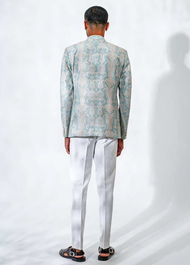 Powder Blue Embroidered Chanderi Silk Bandhgala Set Chatenya Mittal - Fabilicious Fashion