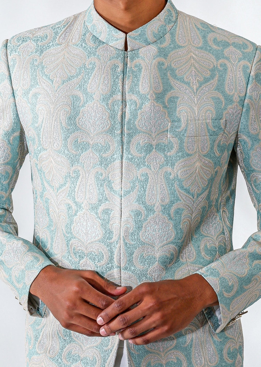 Powder Blue Embroidered Chanderi Silk Bandhgala Set Chatenya Mittal - Fabilicious Fashion