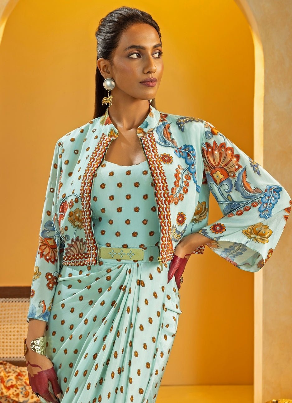Powder Blue Embroidered Crepe Drape Dress Soup by Sougat Paul - Fabilicious Fashion