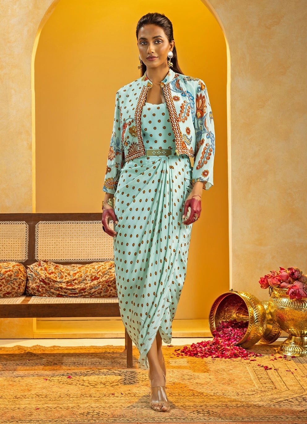 Powder Blue Embroidered Crepe Drape Dress Soup by Sougat Paul - Fabilicious Fashion