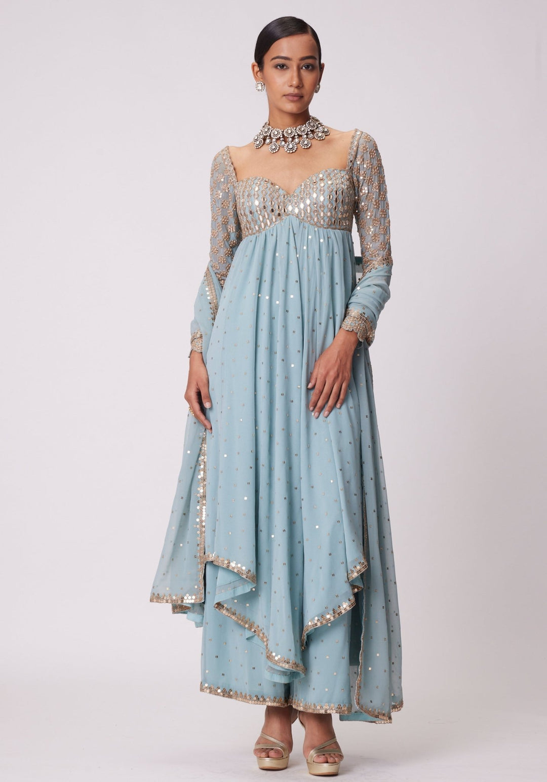 Powder Blue Embroidered High Low Kurta Vvani by Vani Vats - Fabilicious Fashion