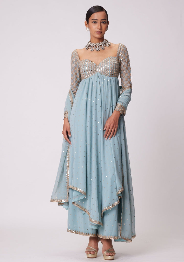 Powder Blue Embroidered High Low Kurta Vvani by Vani Vats - Fabilicious Fashion