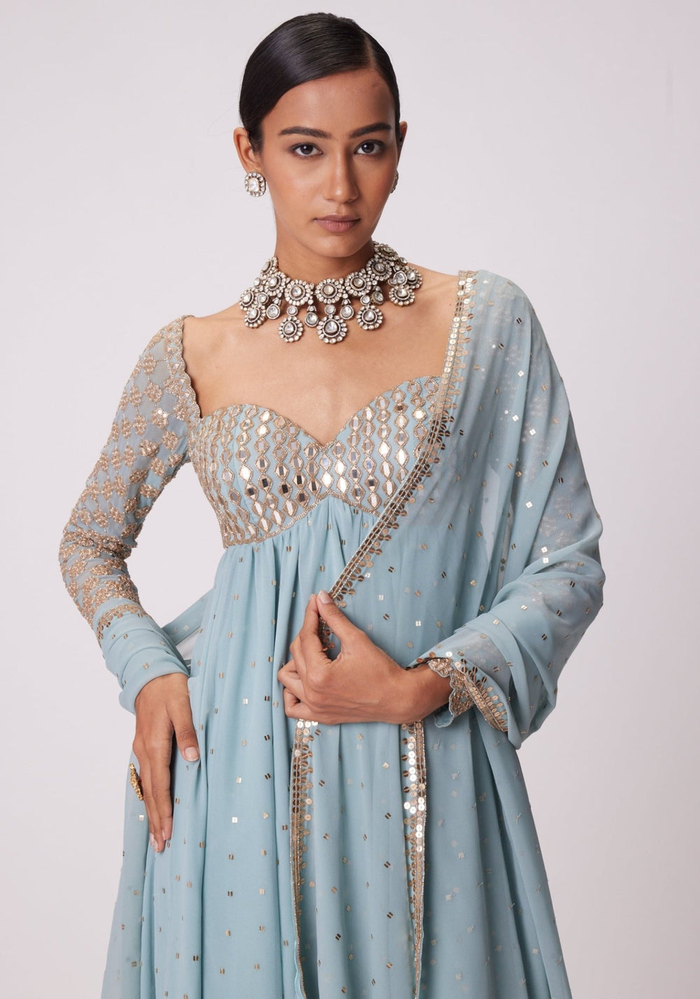 Powder Blue Embroidered High Low Kurta Vvani by Vani Vats - Fabilicious Fashion