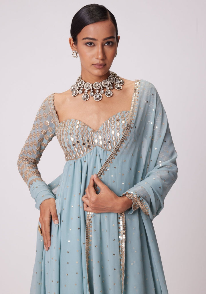 Powder Blue Embroidered High Low Kurta Vvani by Vani Vats - Fabilicious Fashion