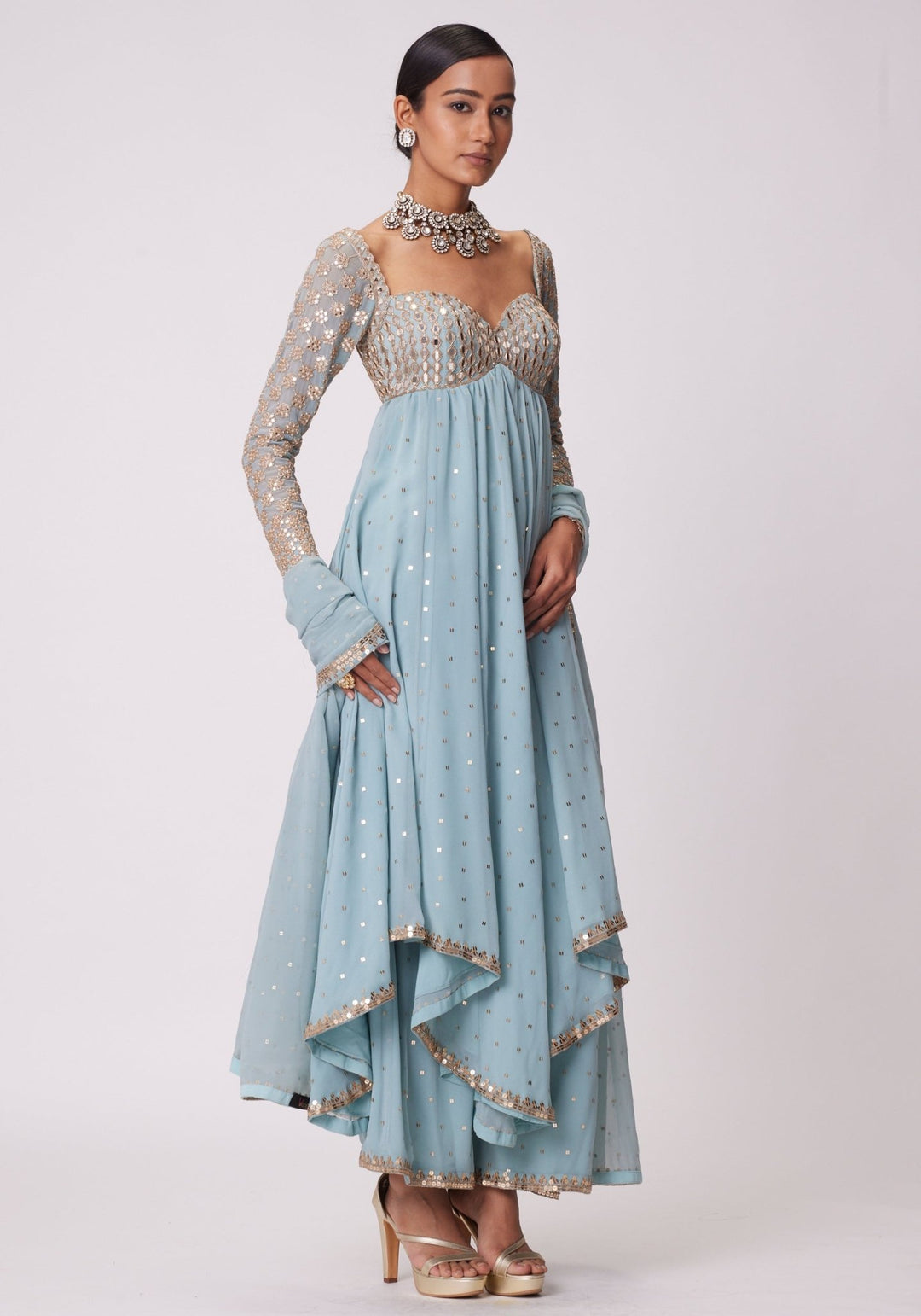 Powder Blue Embroidered High Low Kurta Vvani by Vani Vats - Fabilicious Fashion