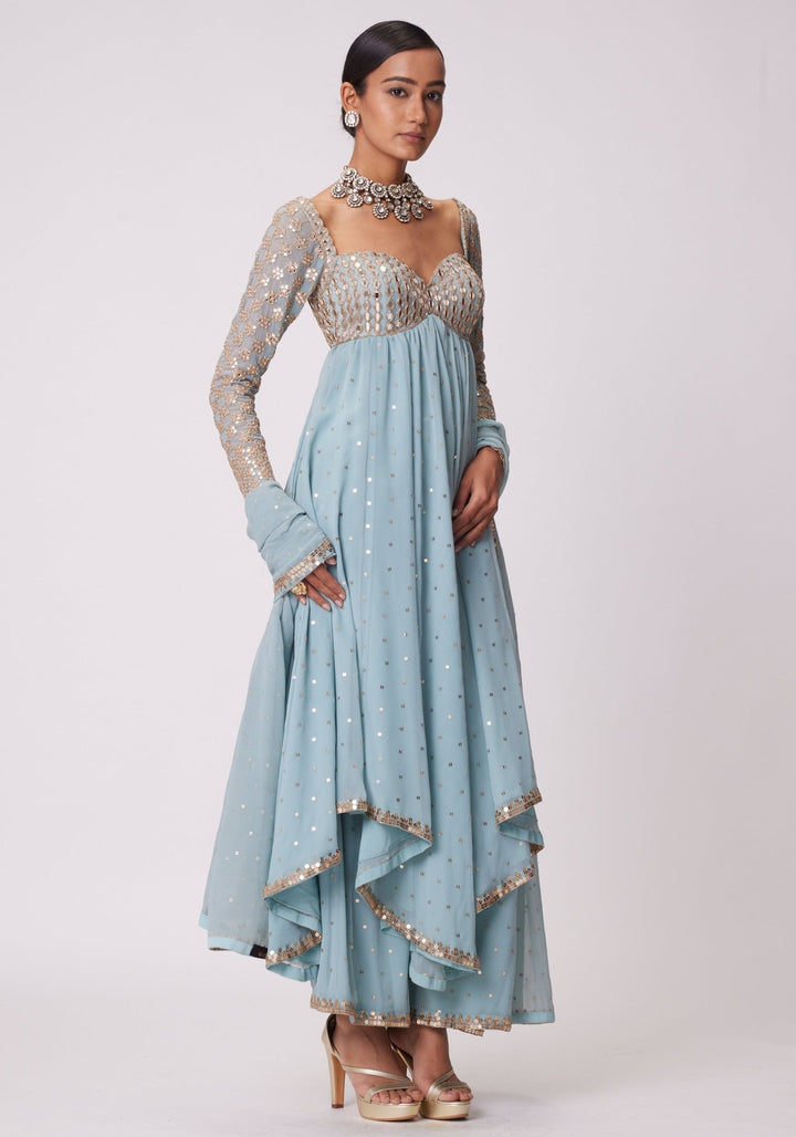 Powder Blue Embroidered High Low Kurta Vvani by Vani Vats - Fabilicious Fashion
