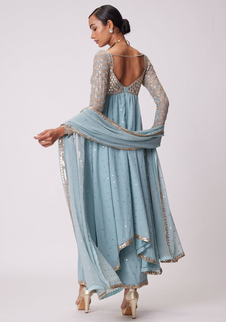 Powder Blue Embroidered High Low Kurta Vvani by Vani Vats - Fabilicious Fashion