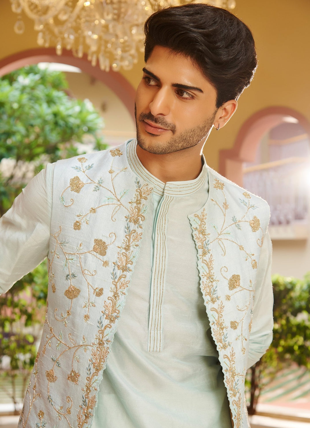 Powder Blue Embroidered Nehru Jacket Set Contrast By Parth - Fabilicious Fashion
