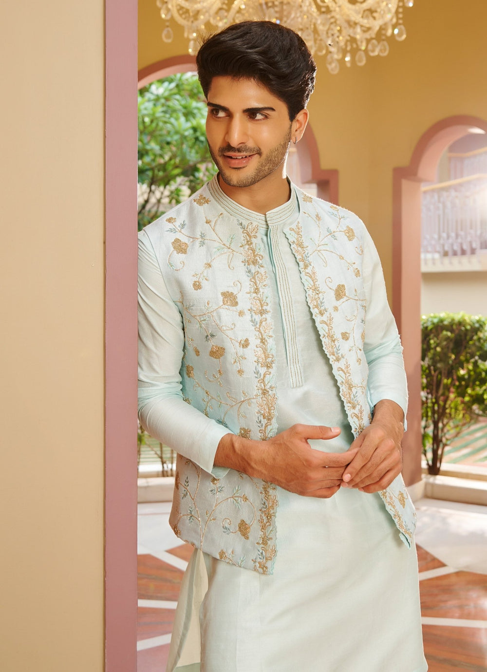 Powder Blue Embroidered Nehru Jacket Set Contrast By Parth - Fabilicious Fashion