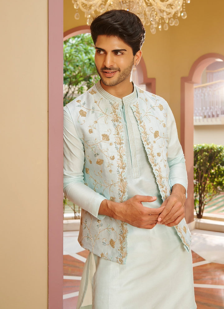 Powder Blue Embroidered Nehru Jacket Set Contrast By Parth - Fabilicious Fashion
