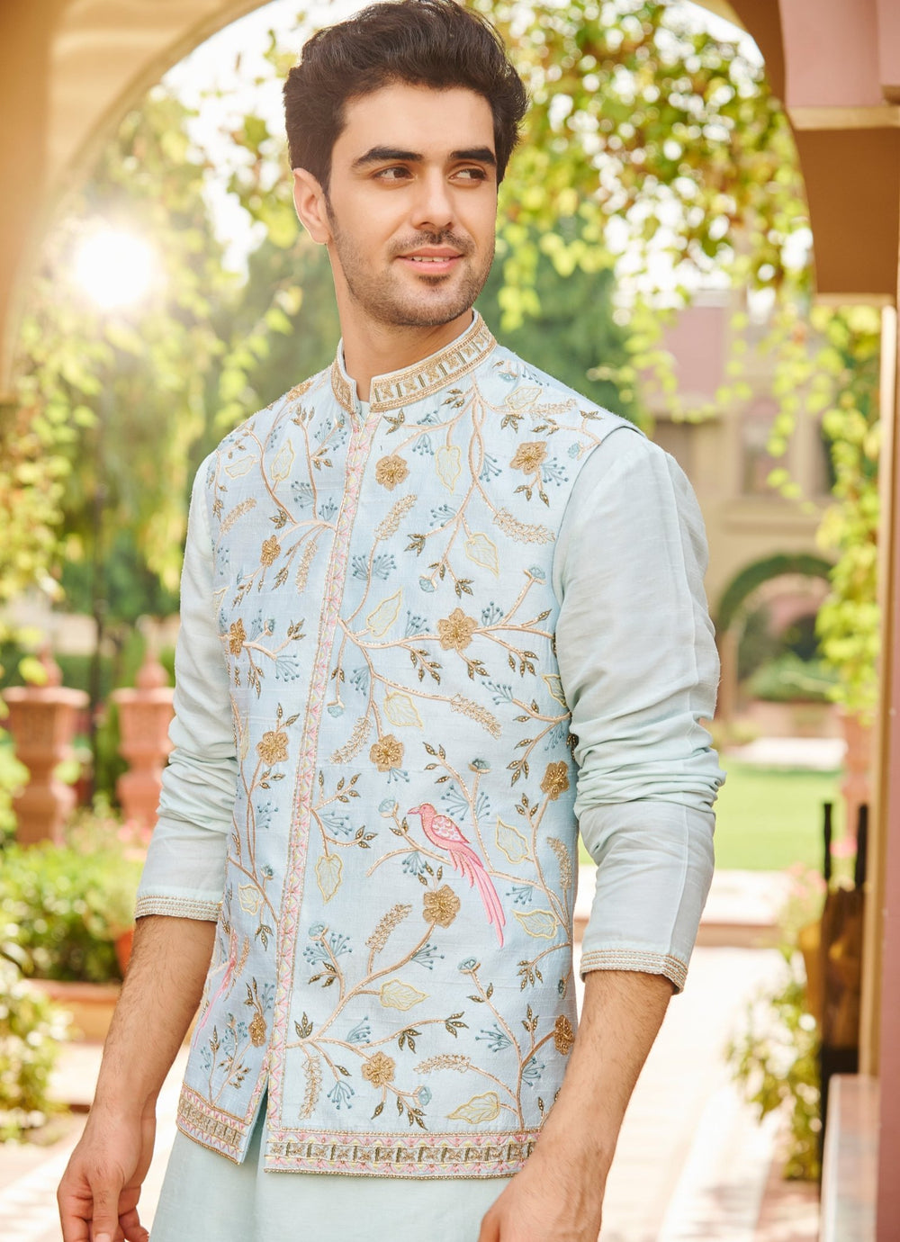 Powder Blue Embroidered Nehru Jacket Set Contrast By Parth - Fabilicious Fashion