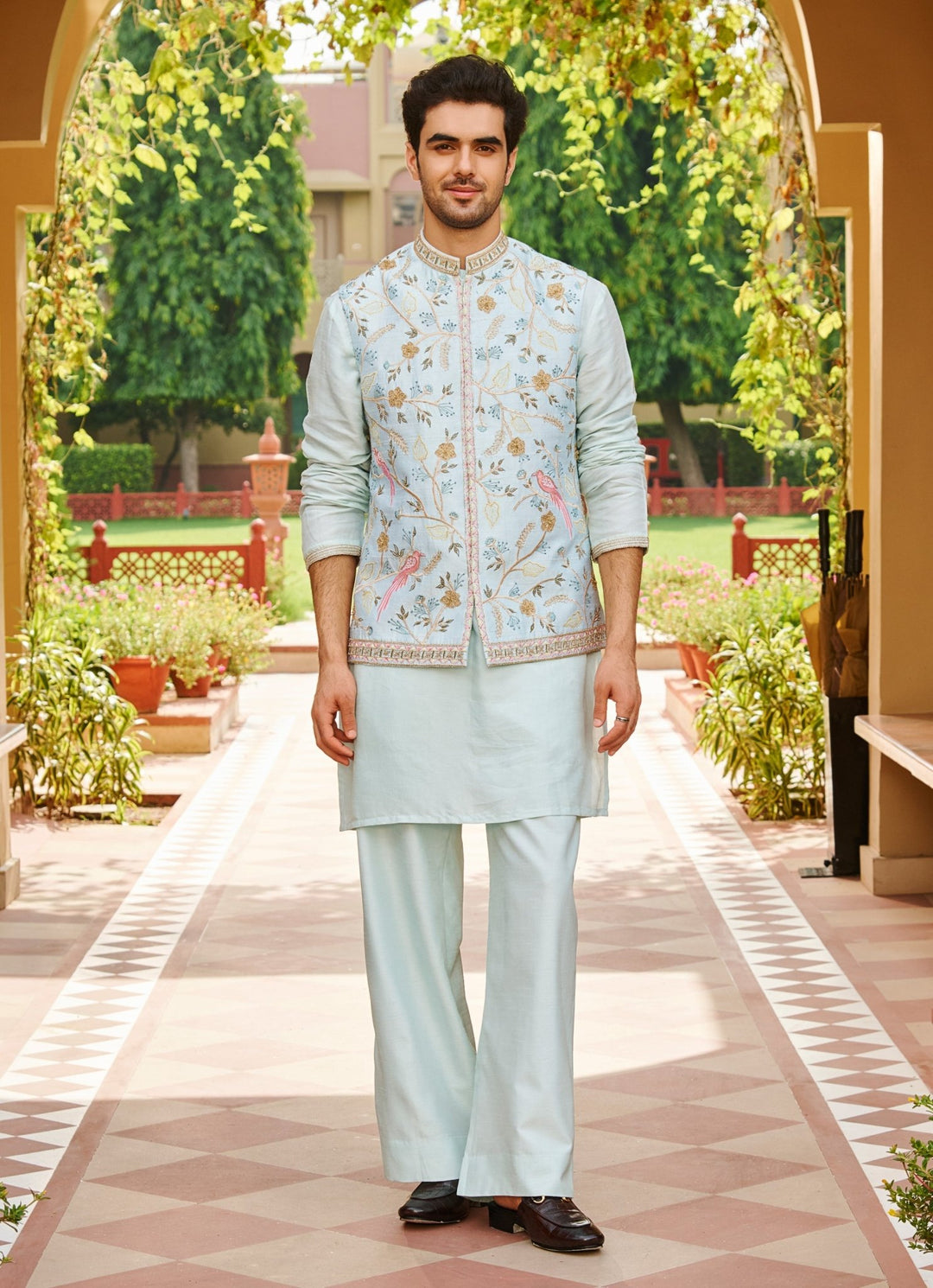 Powder Blue Embroidered Nehru Jacket Set Contrast By Parth - Fabilicious Fashion
