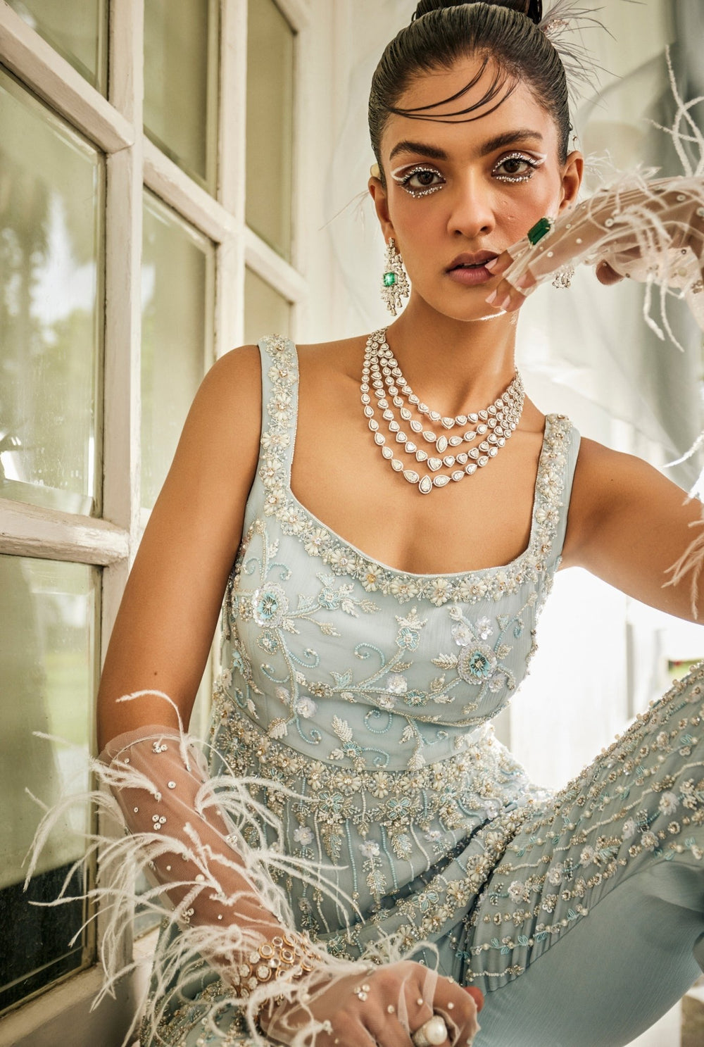 Powder Blue Embroidered Peplum Kurta Pallazzo Set Mani Bhatia - Fabilicious Fashion
