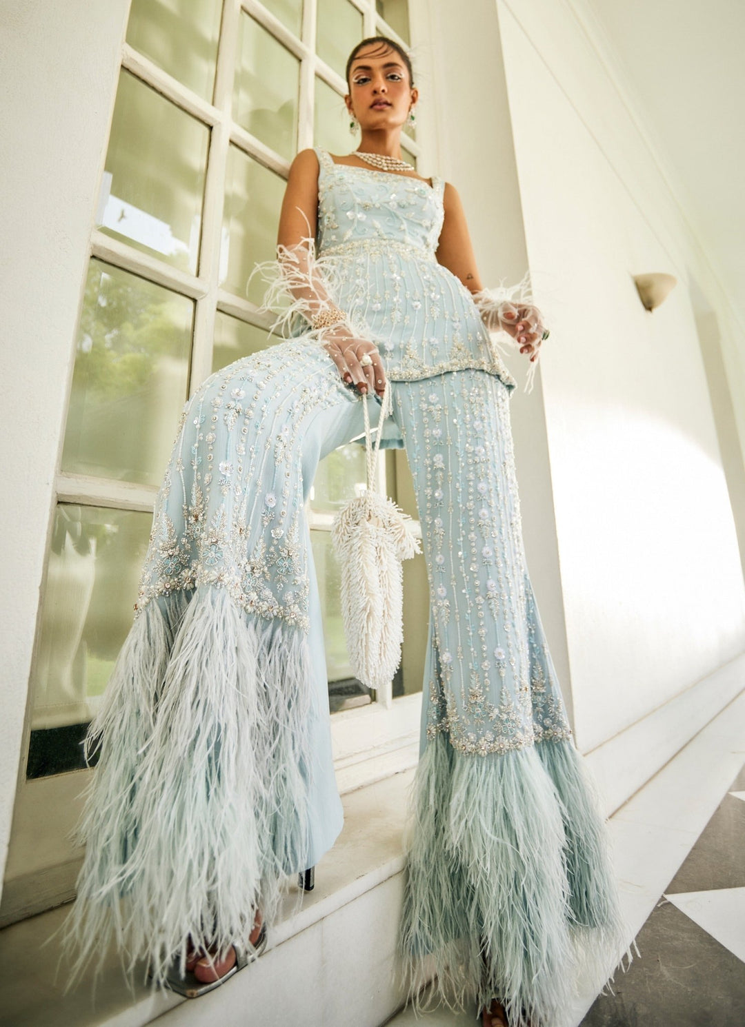 Powder Blue Embroidered Peplum Kurta Pallazzo Set Mani Bhatia - Fabilicious Fashion