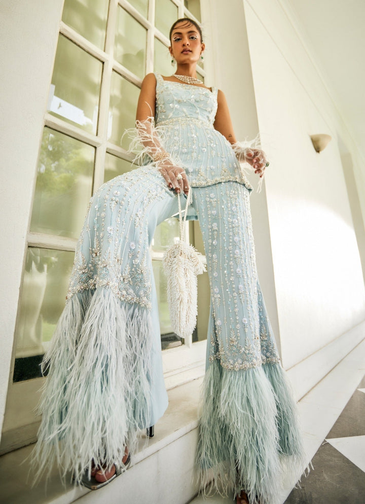 Powder Blue Embroidered Peplum Kurta Pallazzo Set Mani Bhatia - Fabilicious Fashion