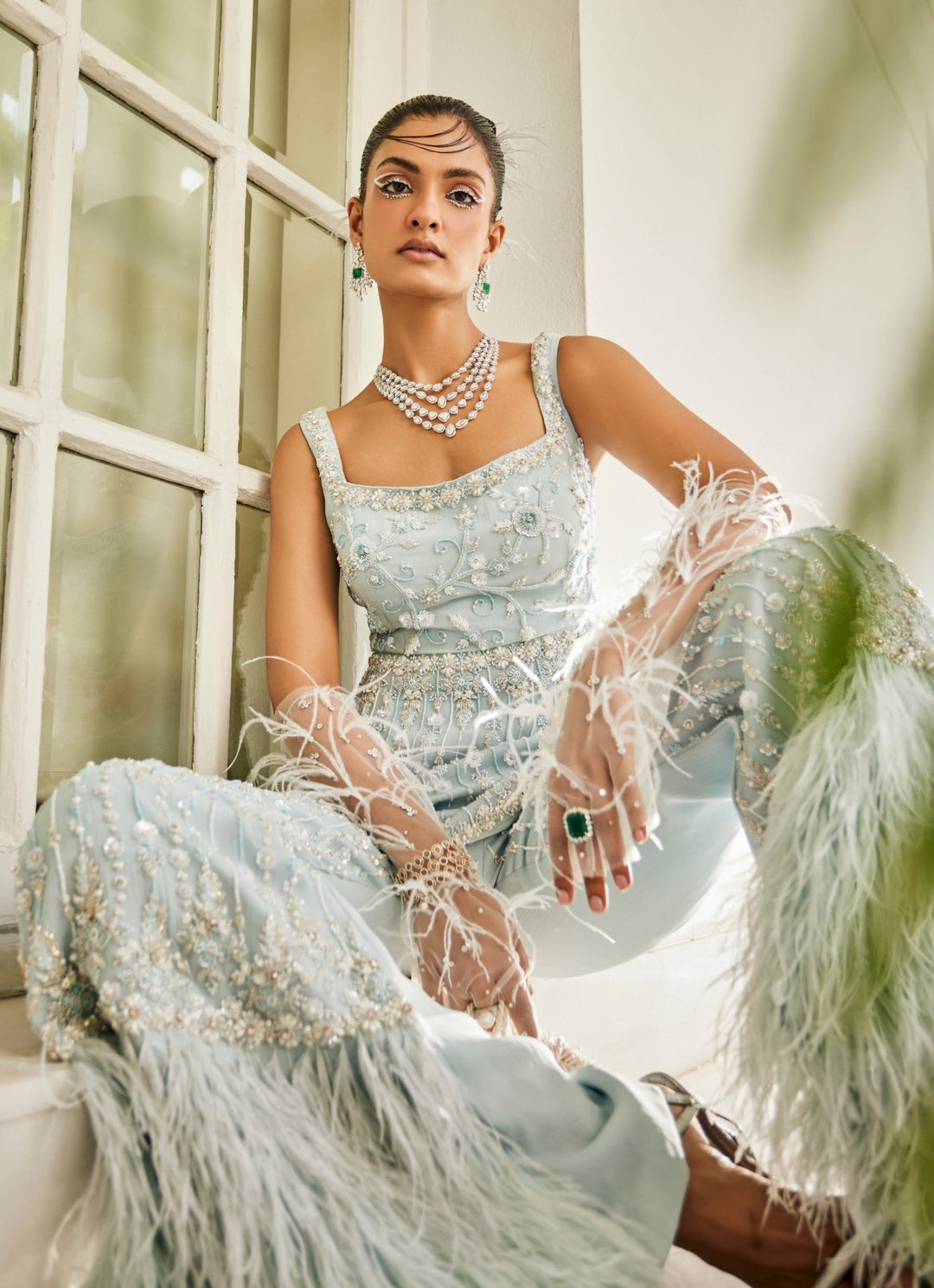Powder Blue Embroidered Peplum Kurta Pallazzo Set Mani Bhatia - Fabilicious Fashion