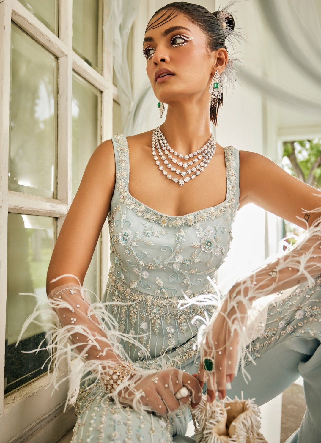 Powder Blue Embroidered Peplum Kurta Pallazzo Set Mani Bhatia - Fabilicious Fashion