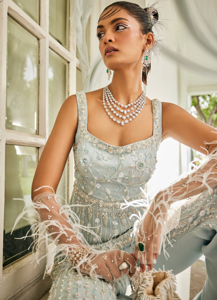 Powder Blue Embroidered Peplum Kurta Pallazzo Set Mani Bhatia - Fabilicious Fashion