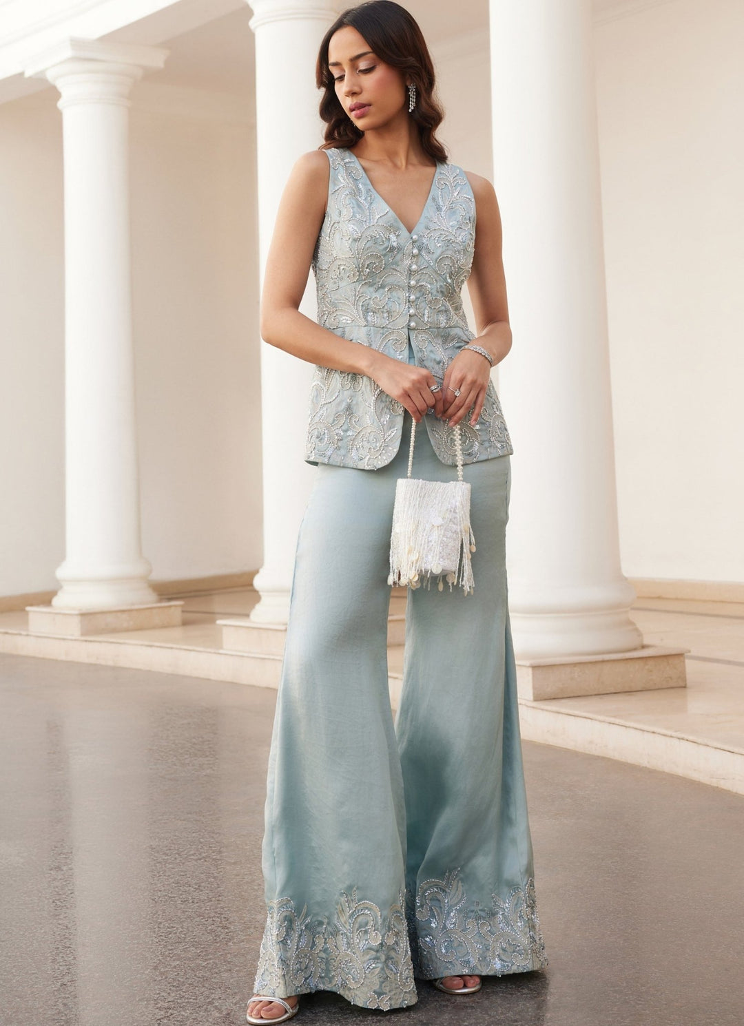 Powder Blue Embroidered Pure Silk Organza Co ord Set Sanya Gulati - Fabilicious Fashion