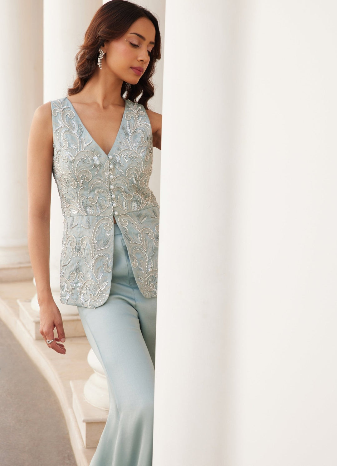 Powder Blue Embroidered Pure Silk Organza Co ord Set Sanya Gulati - Fabilicious Fashion