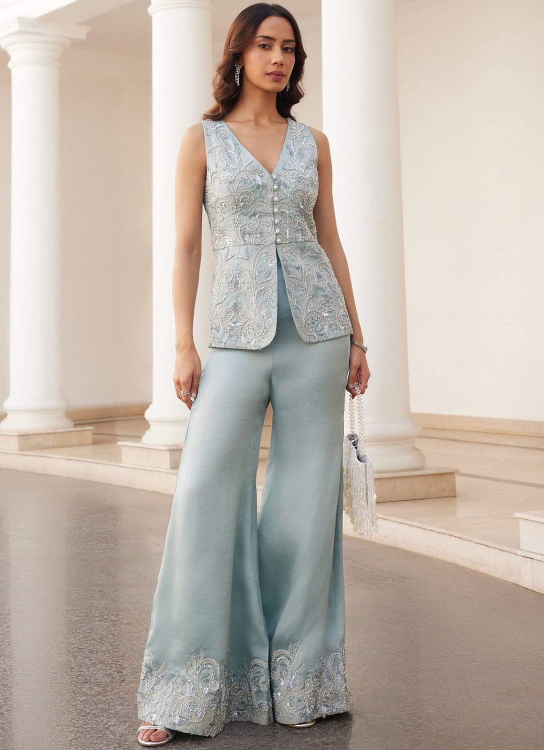 Powder Blue Embroidered Pure Silk Organza Co ord Set Sanya Gulati - Fabilicious Fashion