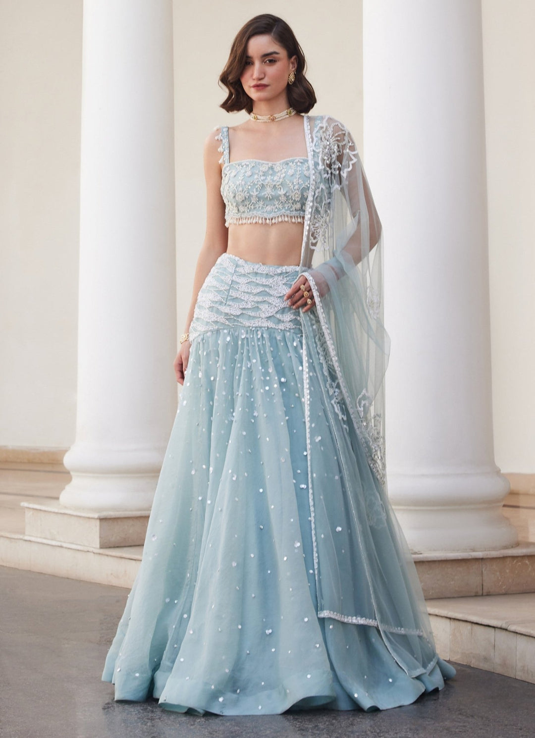 Powder Blue Embroidered Pure Silk Organza Lehenga Set Sanya Gulati - Fabilicious Fashion