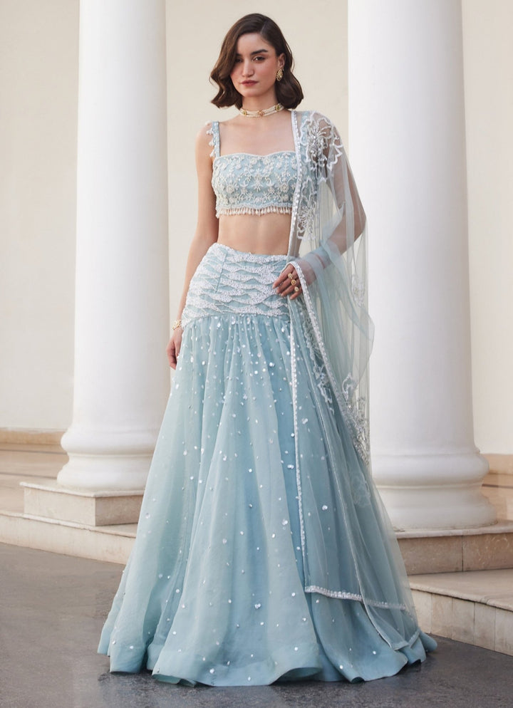 Powder Blue Embroidered Pure Silk Organza Lehenga Set Sanya Gulati - Fabilicious Fashion