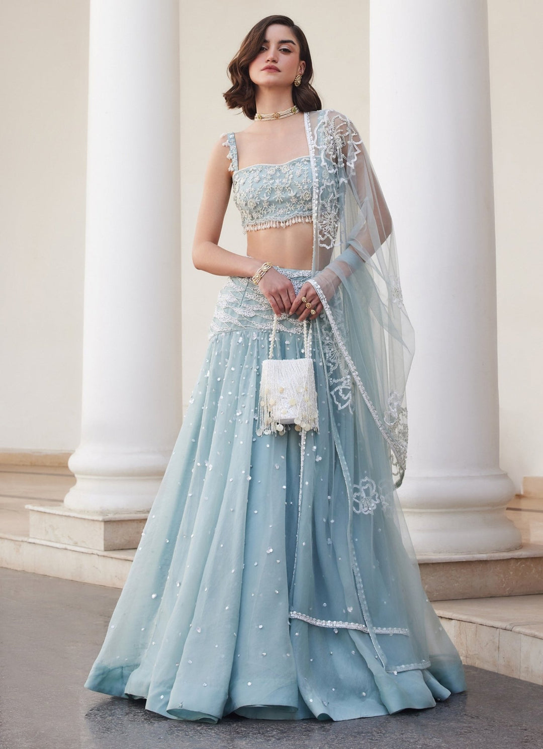Powder Blue Embroidered Pure Silk Organza Lehenga Set Sanya Gulati - Fabilicious Fashion