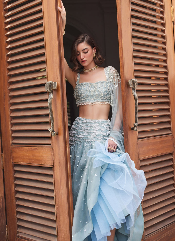 Powder Blue Embroidered Pure Silk Organza Lehenga Set Sanya Gulati - Fabilicious Fashion