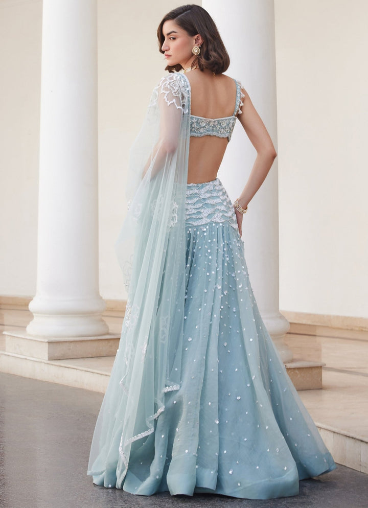 Powder Blue Embroidered Pure Silk Organza Lehenga Set Sanya Gulati - Fabilicious Fashion
