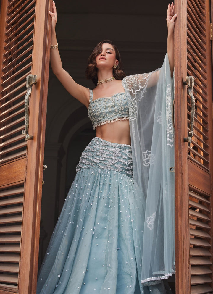 Powder Blue Embroidered Pure Silk Organza Lehenga Set Sanya Gulati - Fabilicious Fashion