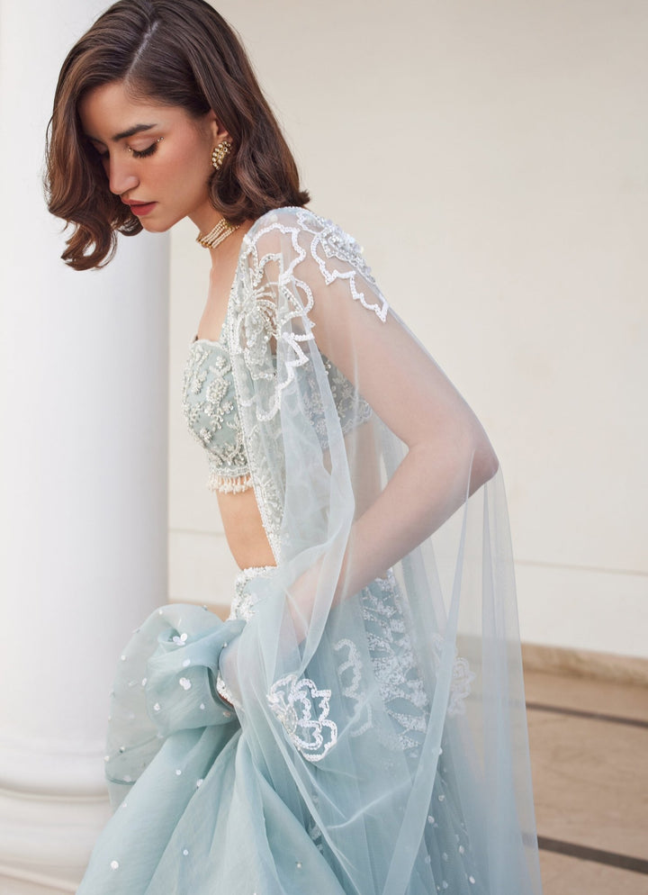 Powder Blue Embroidered Pure Silk Organza Lehenga Set Sanya Gulati - Fabilicious Fashion