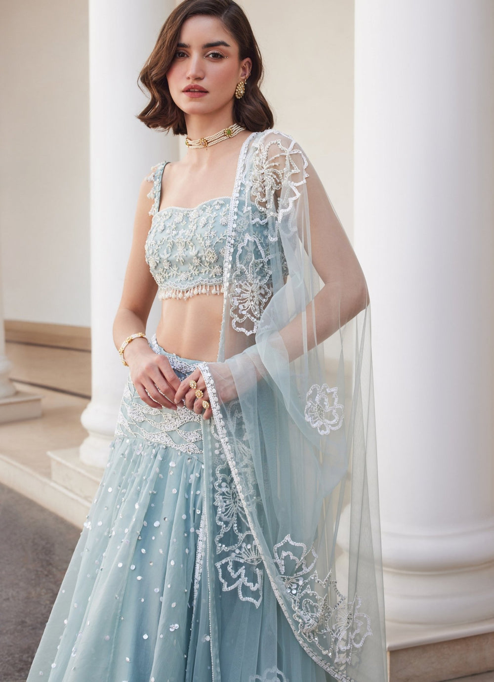 Powder Blue Embroidered Pure Silk Organza Lehenga Set Sanya Gulati - Fabilicious Fashion