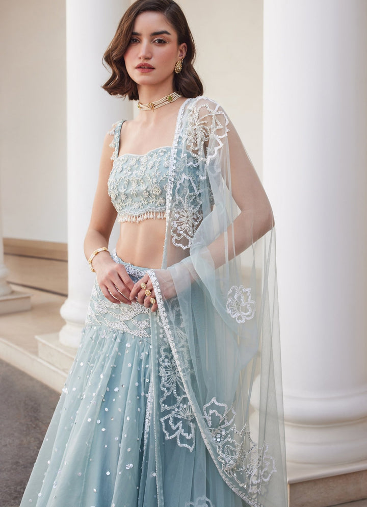 Powder Blue Embroidered Pure Silk Organza Lehenga Set Sanya Gulati - Fabilicious Fashion