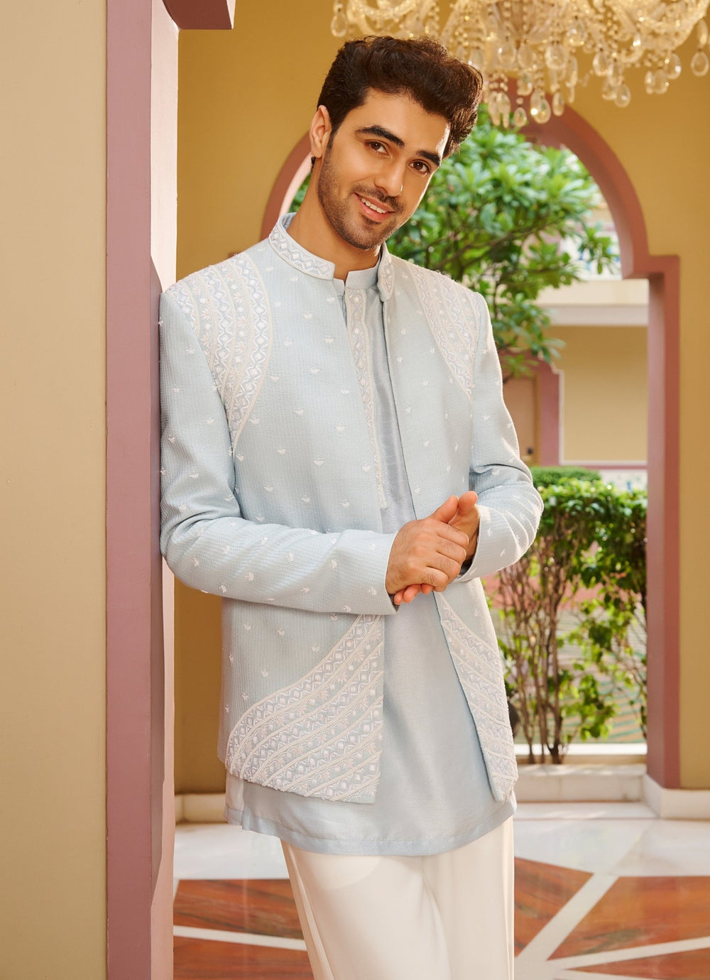 Powder Blue Embroidered Silk Kurta Jacket Set Contrast By Parth - Fabilicious Fashion