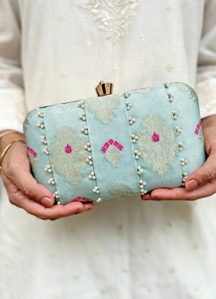 Powder Blue Embroidered Silk Pearl Clutch Amyra - Fabilicious Fashion