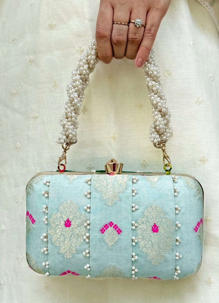 Powder Blue Embroidered Silk Pearl Clutch Amyra - Fabilicious Fashion
