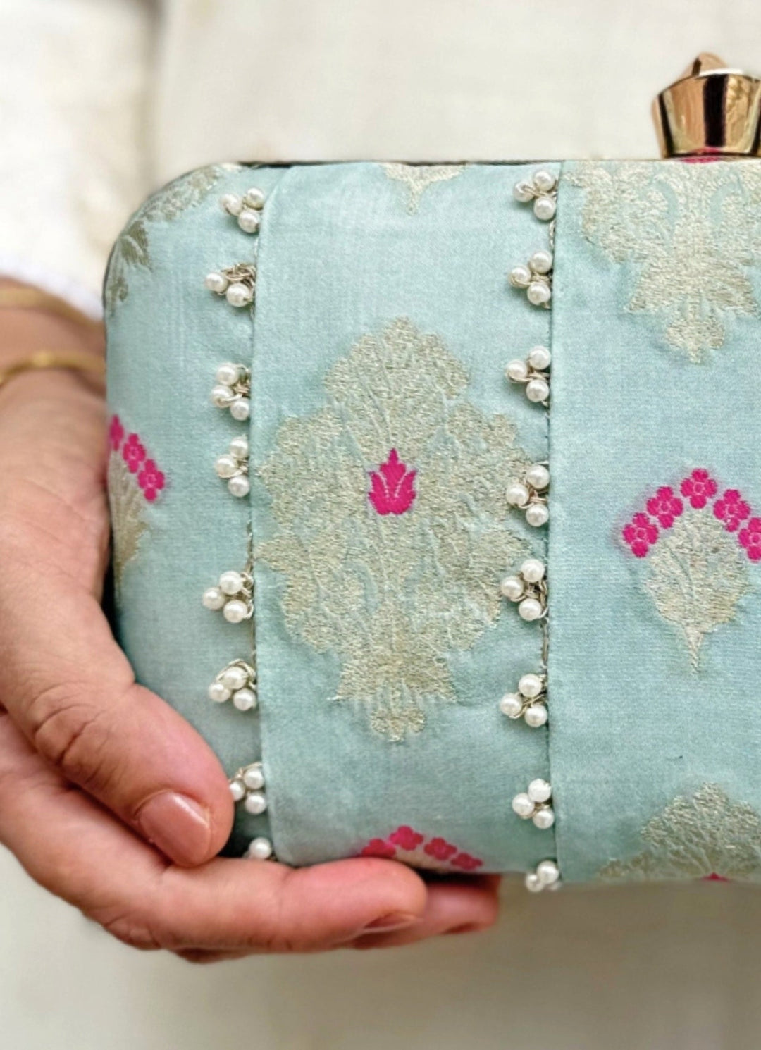 Powder Blue Embroidered Silk Pearl Clutch Amyra - Fabilicious Fashion